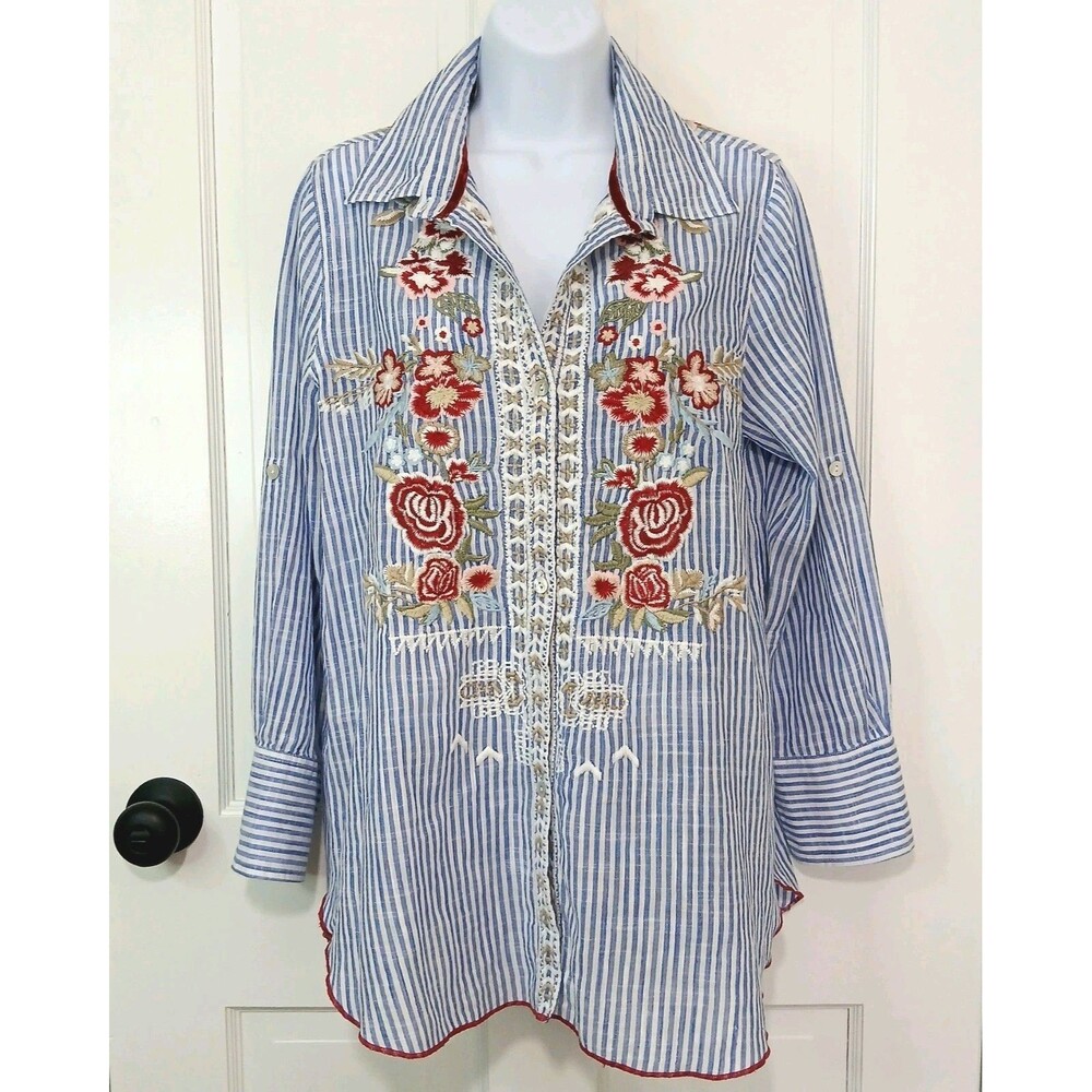 Kyla Seo Embroidered Button Up  Back Cotton Shirt Size Medium